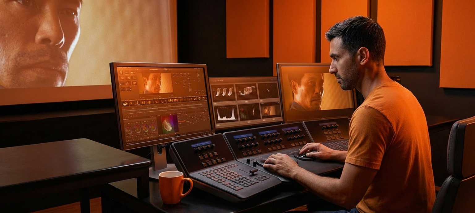 Colorist working in a professional grading suite